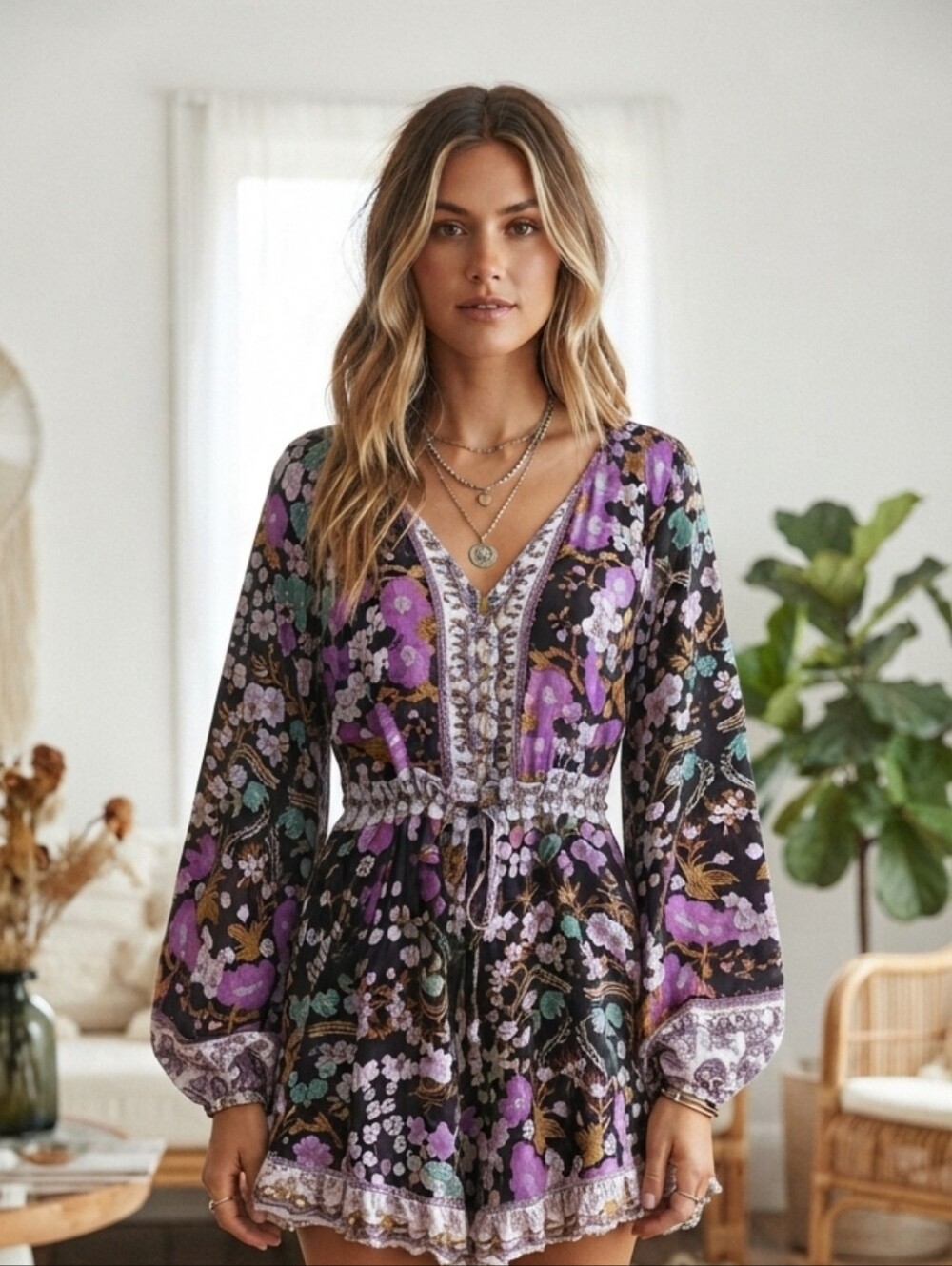 Purple Floral Boho V-Neck Peasant Romper - Picture 3 of 16
